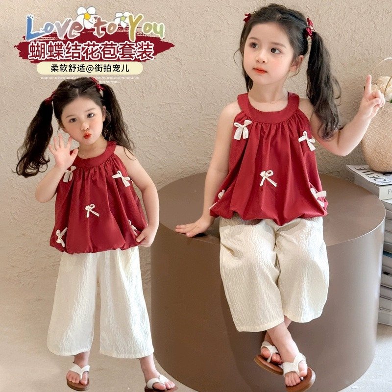 Girls' Summer Set New Style, Fashionable Red Halter Neck Vest, Korean Style Two-Piece Set