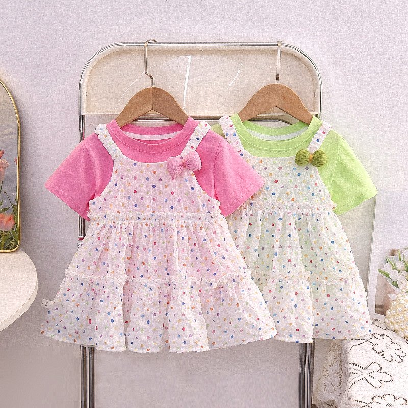 Girls' Summer New Style Solid Color Korean Style Versatile Base Shirt Polka Dot Suspender Skirt Two-Piece Set with Colorful Polka Dots